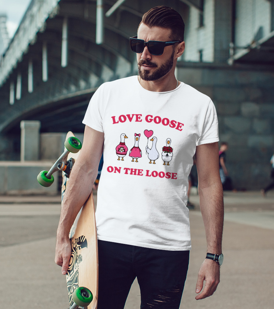 Love Goose On The Loose Valentine Geese With Hearts And Flowers T-Shirt