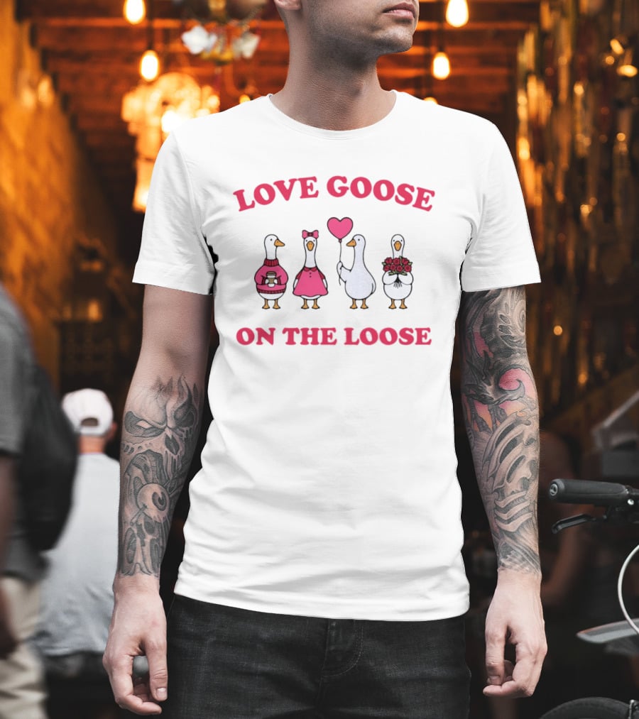 Love Goose On The Loose Valentine Geese With Hearts And Flowers T-Shirt