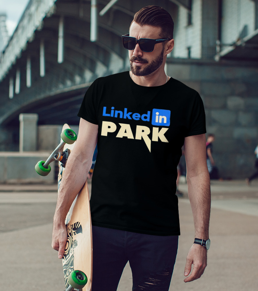 Linked In Park Blocky Font Text In Blue And Beige T-Shirt