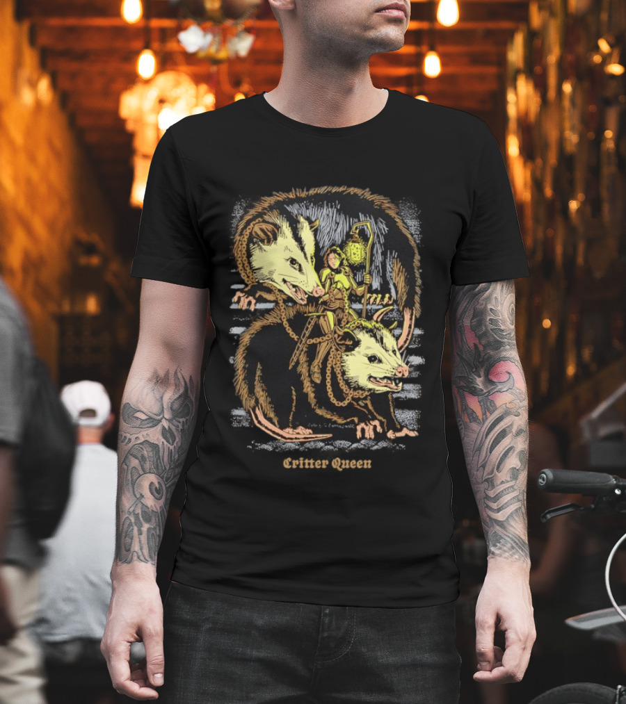 Women Riding Opossum Critter with Lantern and Chains T-Shirt
