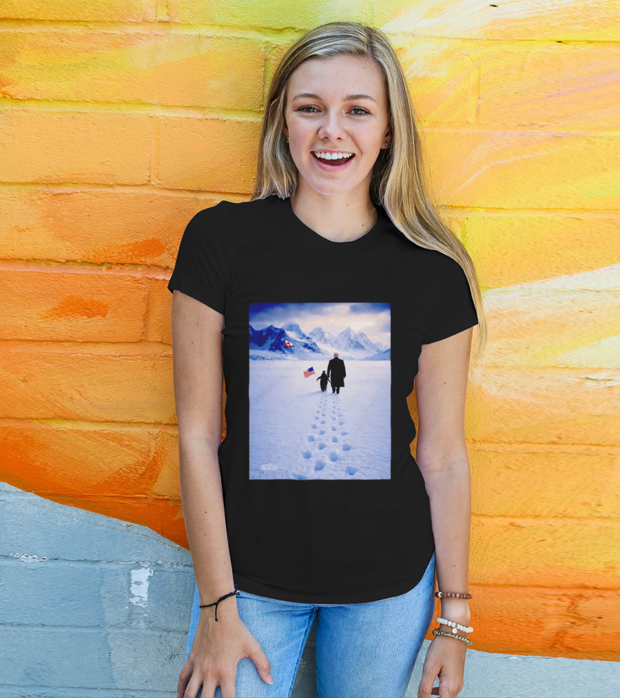 The White House Donald Trump Walking With Penguin American Canadian Flags Snowy Mountains T-Shirt