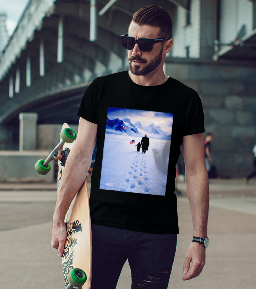 The White House Donald Trump Walking With Penguin American Canadian Flags Snowy Mountains T-Shirt