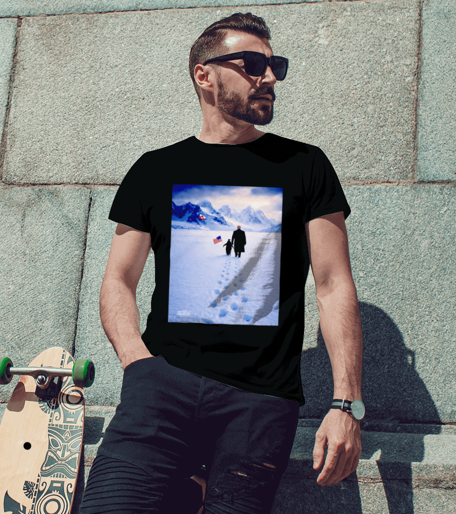 The White House Donald Trump Walking With Penguin American Canadian Flags Snowy Mountains T-Shirt