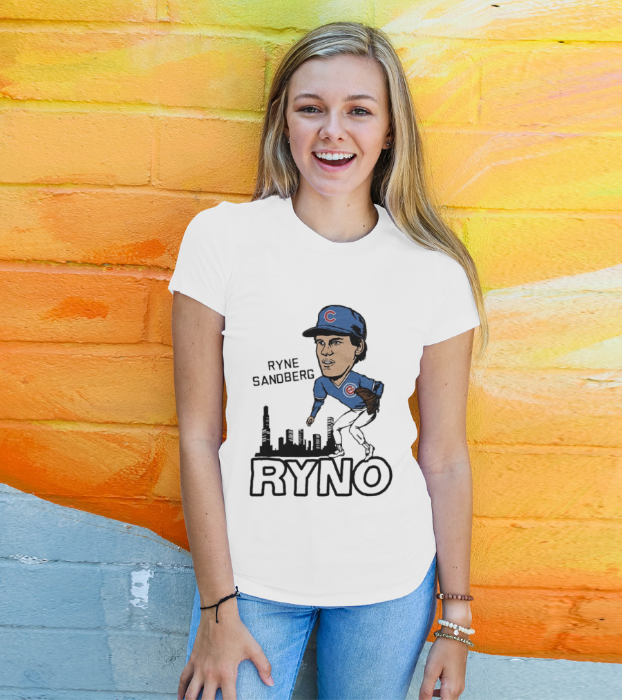 Ryne Sandberg Ryno Chicago Cubs Cartoon Skyline T-Shirt