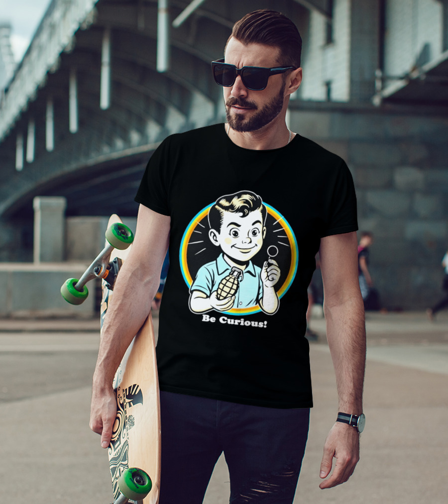 Be Curious Retro Comic Style Boy Holding Grenade And Pin T-Shirt