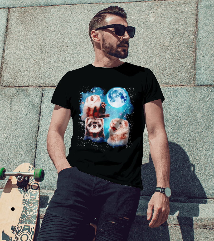 Ferret Trio With Full Moon And Starlit Sky T-Shirt