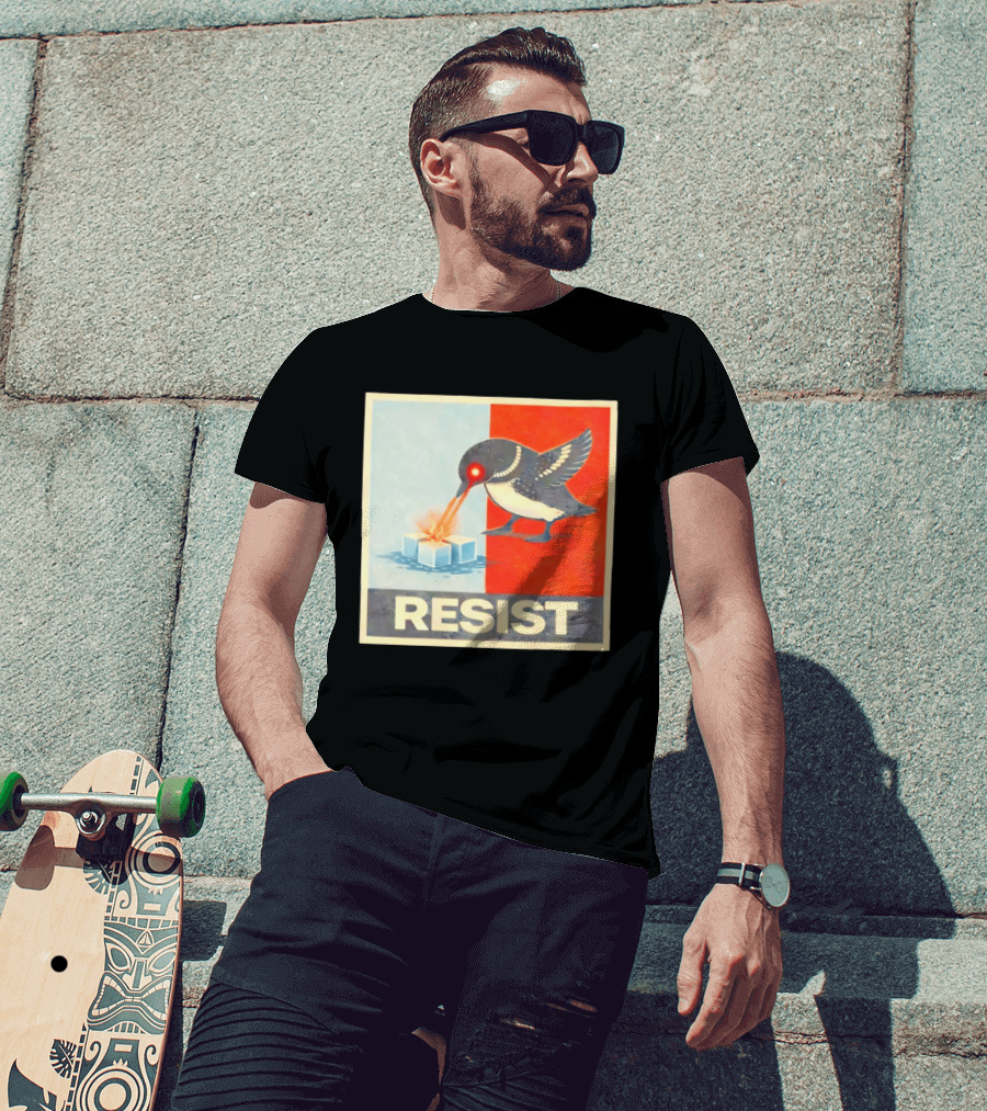 Resist Penguin Melting Ice Laser Eyes Red Blue Split T-Shirt