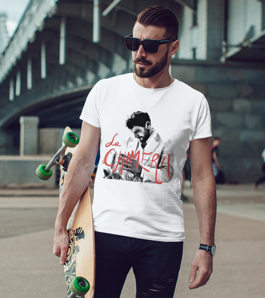 La Chimera Film Red Neon Style Text Over Mysterious Figure T-Shirt