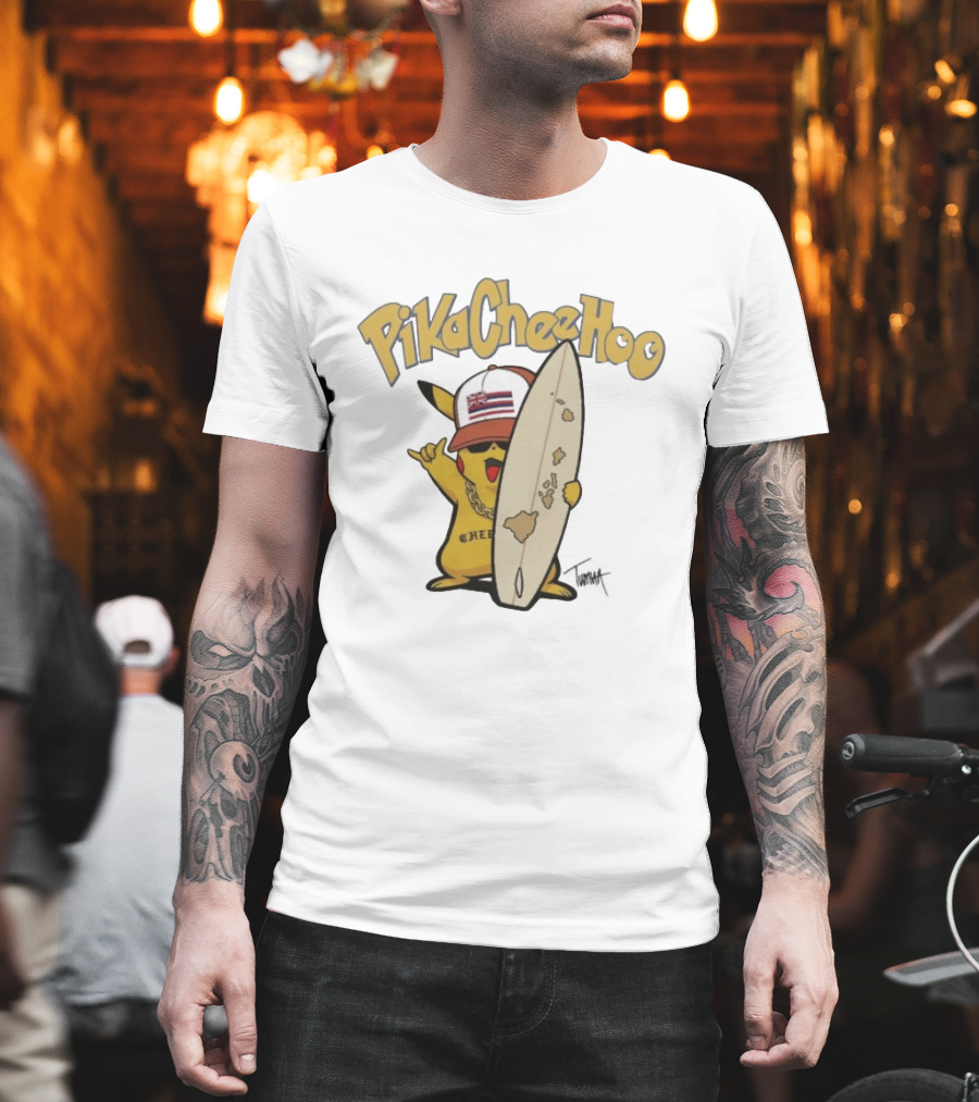 PikaCheeHoo Pikachu Surfboard Tumua Hawaii Flag Hat T-Shirt