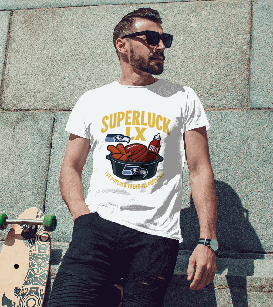 SuperLuck LX Seattle Seahawks Potluck BBQ Football T-Shirt