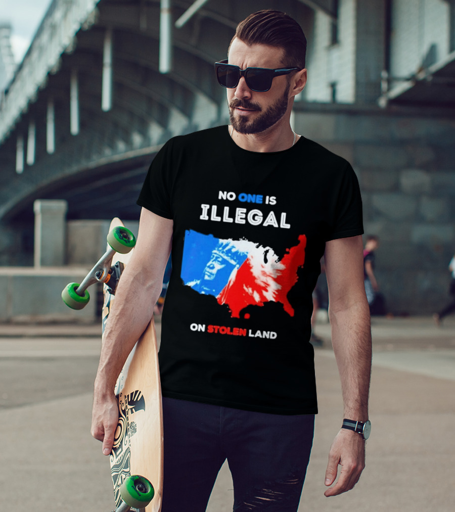 No One Is Illegal On Stolen Land Red Blue Map Indigenous American T-Shirt