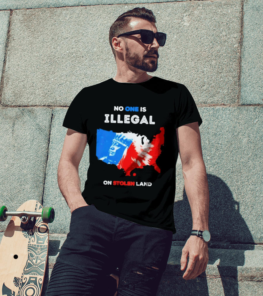 No One Is Illegal On Stolen Land Red Blue Map Indigenous American T-Shirt