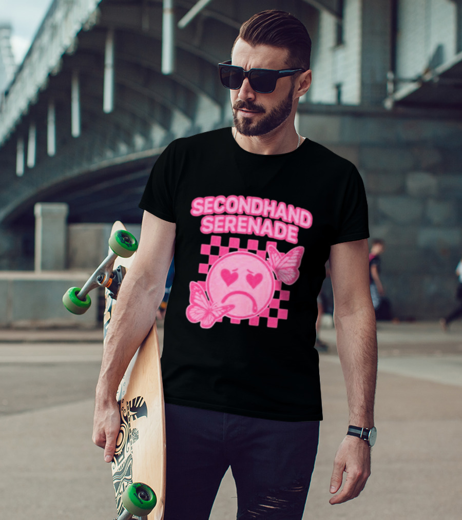 Secondhand Serenade Sad Emo Pink Heartbroken Face With Butterflies T-Shirt