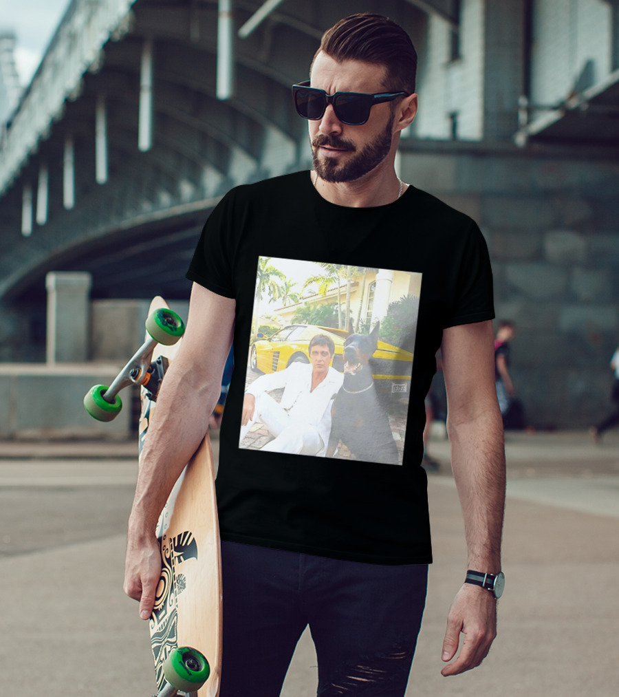 Tony Montana With Dog In Front Of Yellow Sports Car Scene From Scarface T-Shirt