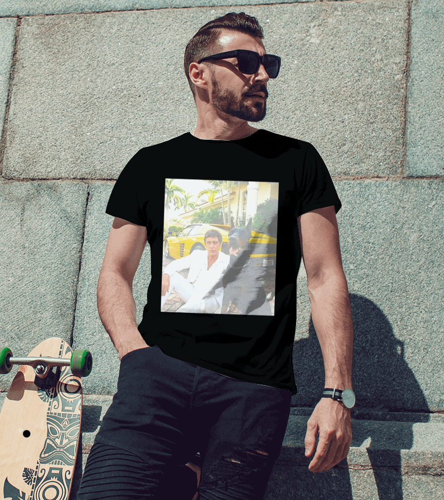 Tony Montana With Dog In Front Of Yellow Sports Car Scene From Scarface T-Shirt