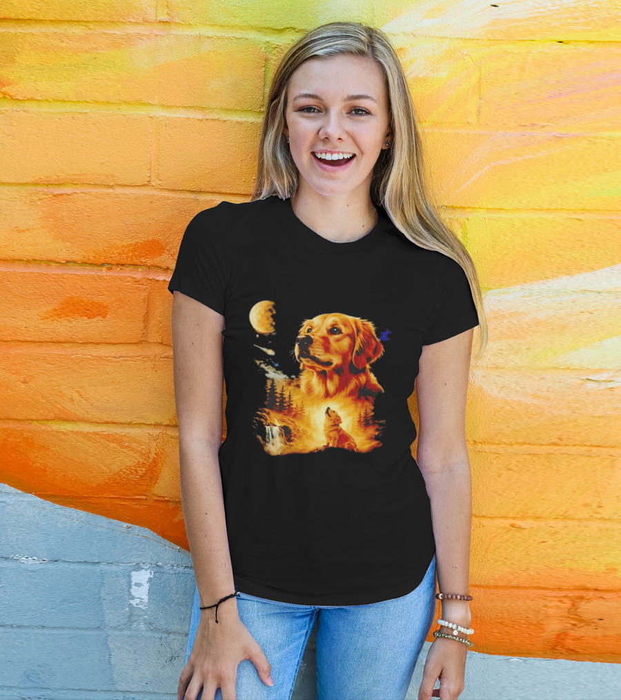 Golden Retriever Majestic Night Howl At Moonlit Waterfall T-Shirt