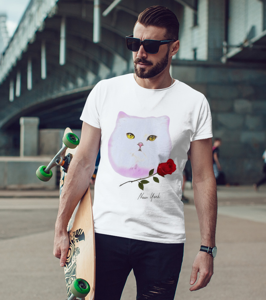 Cat Rose New York White Cat Face Yellow Eyes Red Rose T-Shirt