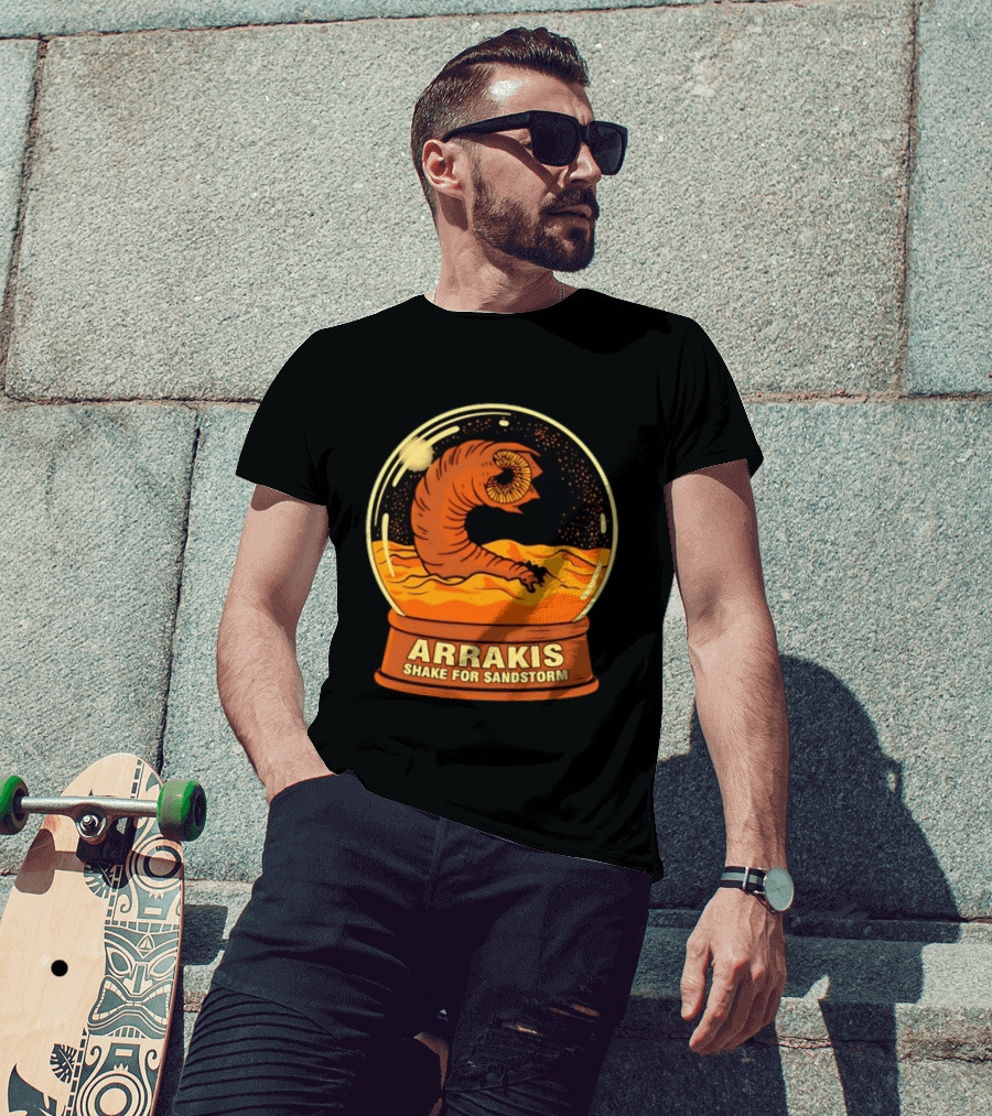 Arrakis Shake For Sandstorm Snow Globe Iconic Sandworm And Desert Scene T-Shirt