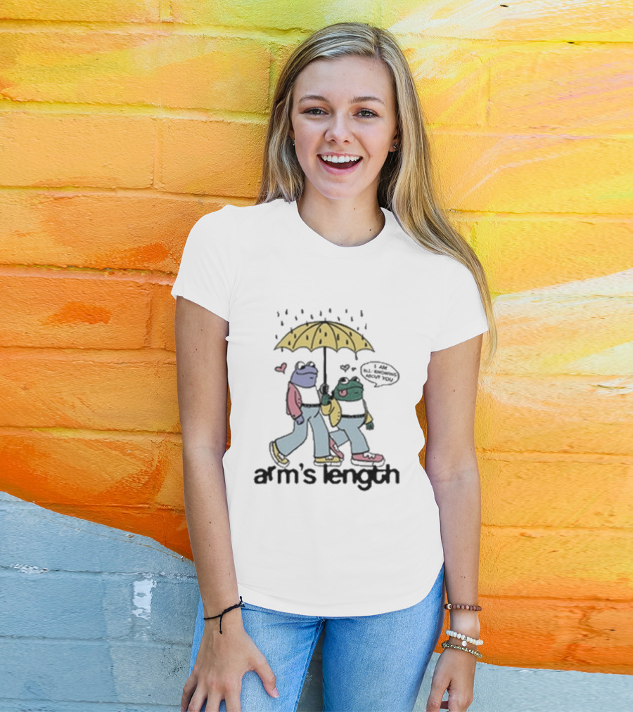 Arm's Length Frog And Toad Walking Under Umbrella With Love Hearts T-Shirt