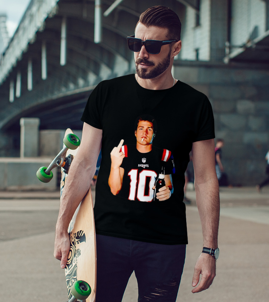 Drake Maye Middle Finger Smoking Holding Beer Can New England Patriots 10 T-Shirt