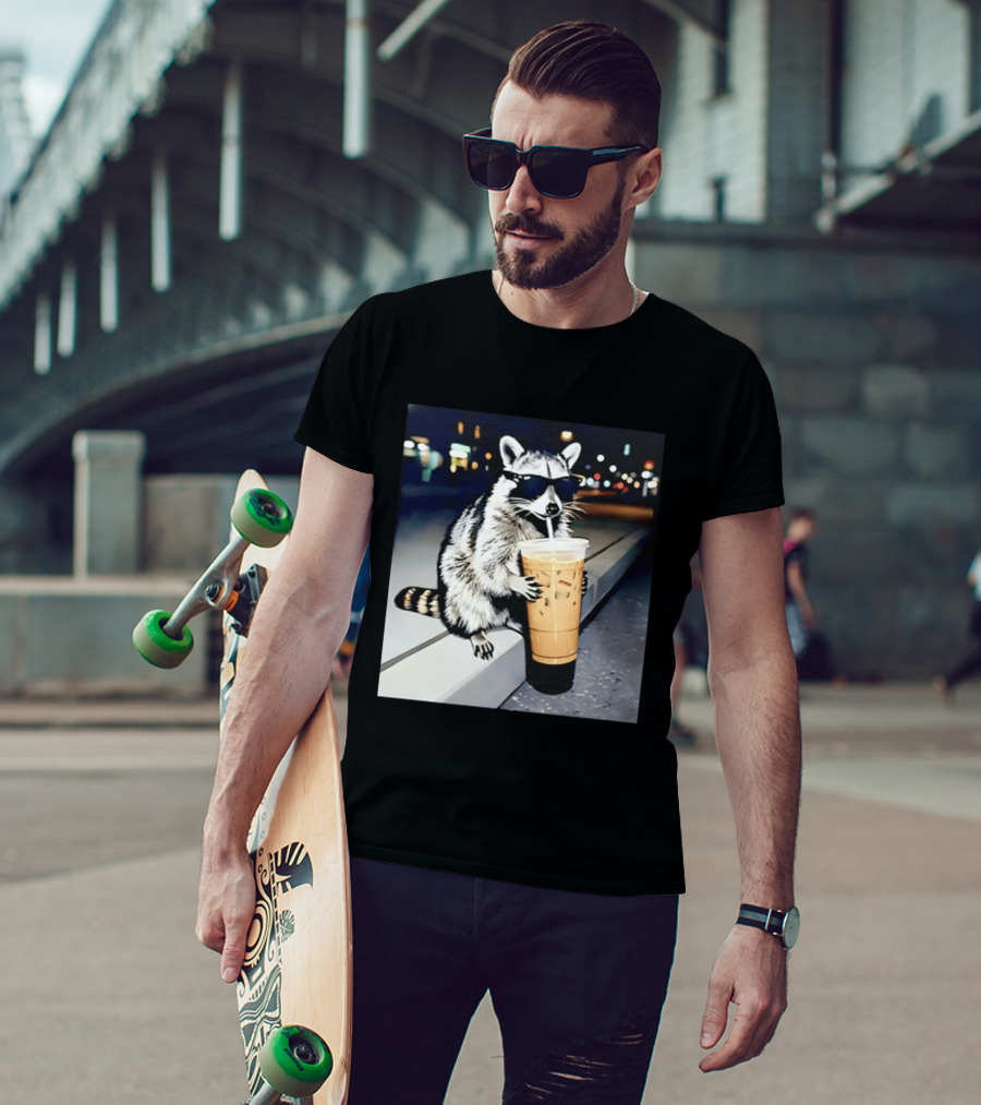 Raccoon Wearing Sunglasses Enjoying Iced Coffee Night Scene T-Shirt
