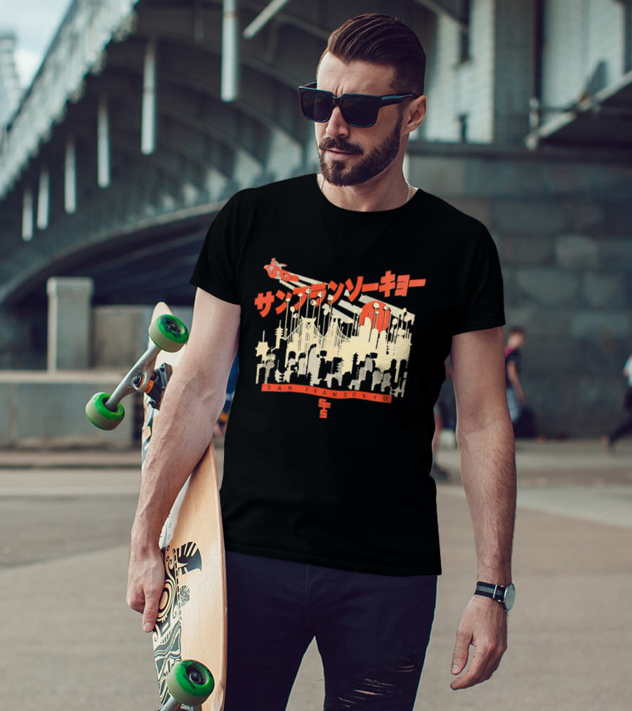 Sanfrasokyo Cityscape Fusion With Japanese Text And Baymax Figure T-Shirt
