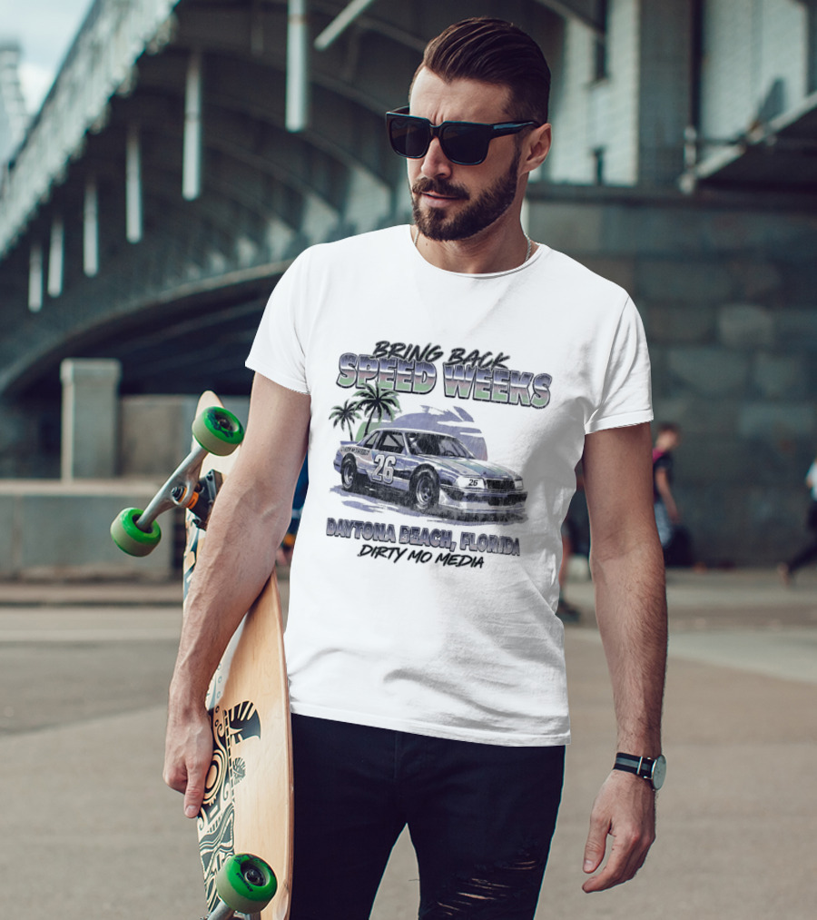 Bring Back Speed Weeks Daytona Beach Florida Dirty Mo Media Racing Car Palm Trees T-Shirt