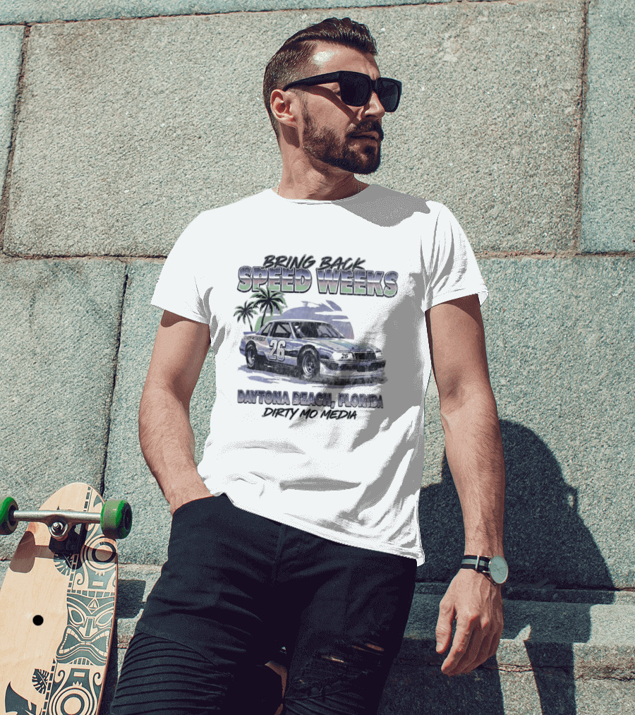Bring Back Speed Weeks Daytona Beach Florida Dirty Mo Media Racing Car Palm Trees T-Shirt