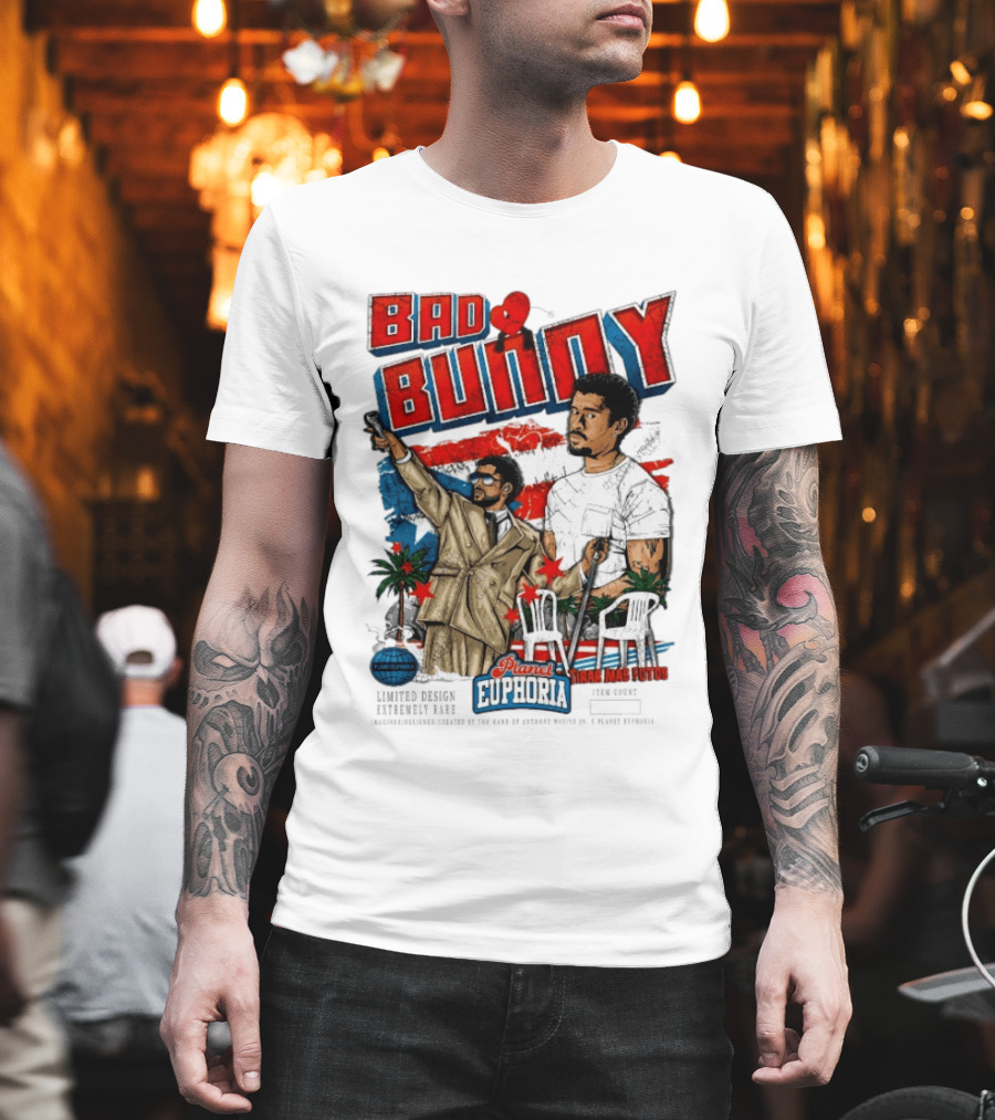 Bad Bunny Tirar Mas Fotos Planet Euphoria Palm Trees Chairs Red White Blue T-Shirt