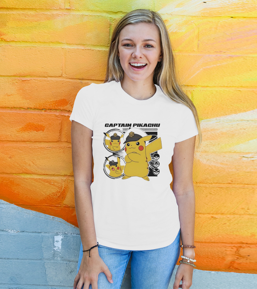 Captain Pikachu Cartoon Character With Hat And Expressions T-Shirt