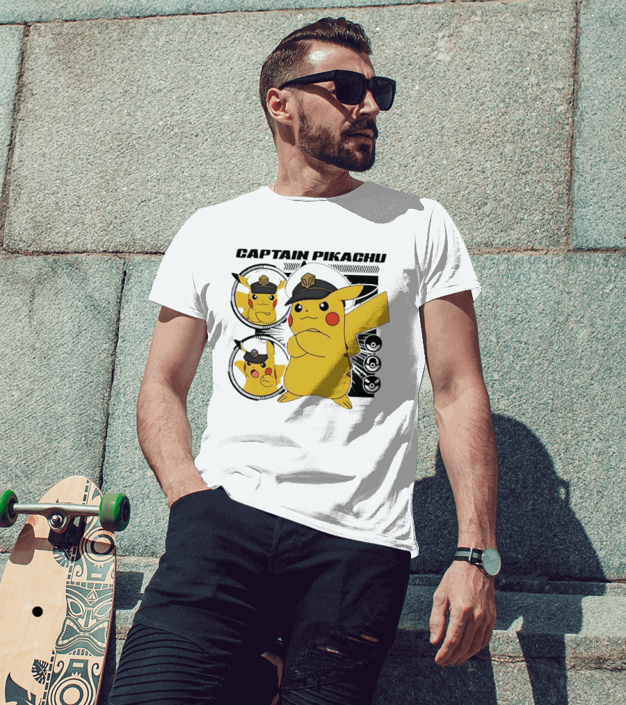 Captain Pikachu Cartoon Character With Hat And Expressions T-Shirt