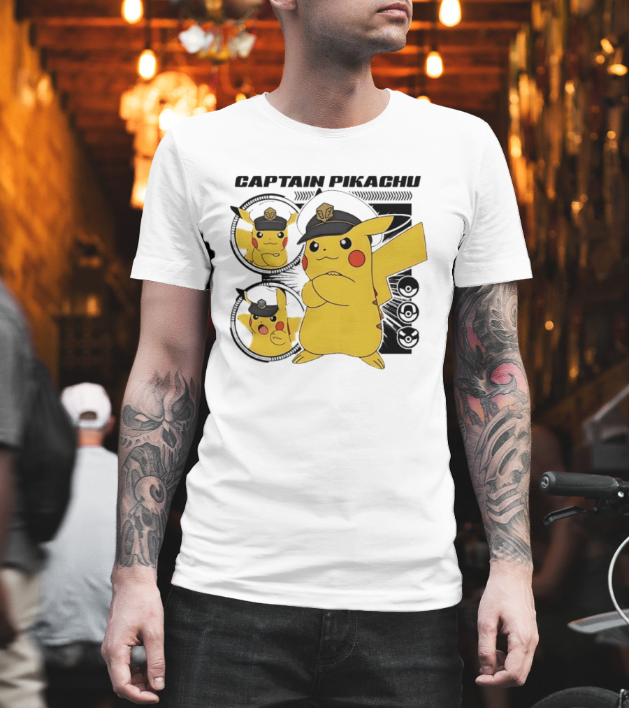 Captain Pikachu Cartoon Character with Hat and Expressions T-Shirt