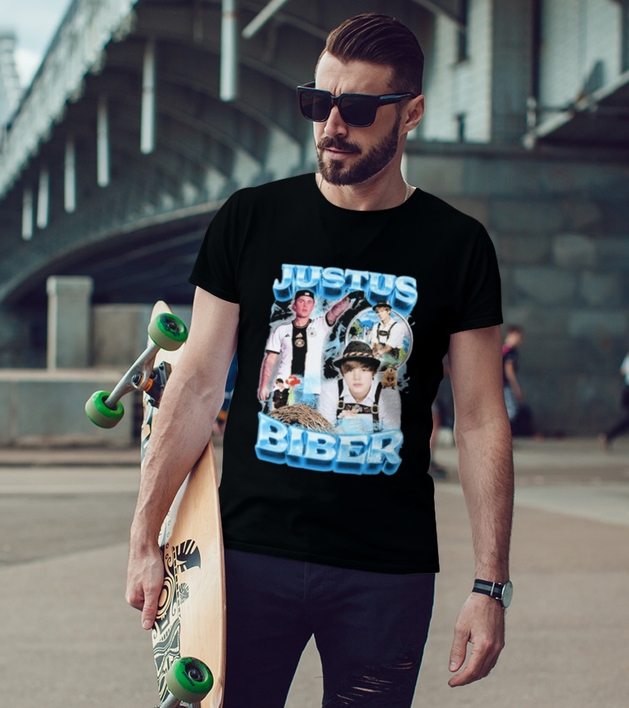 Justus Biber Justin Bieber Bavarian Inspired Collage Football Lederhosen T-Shirt