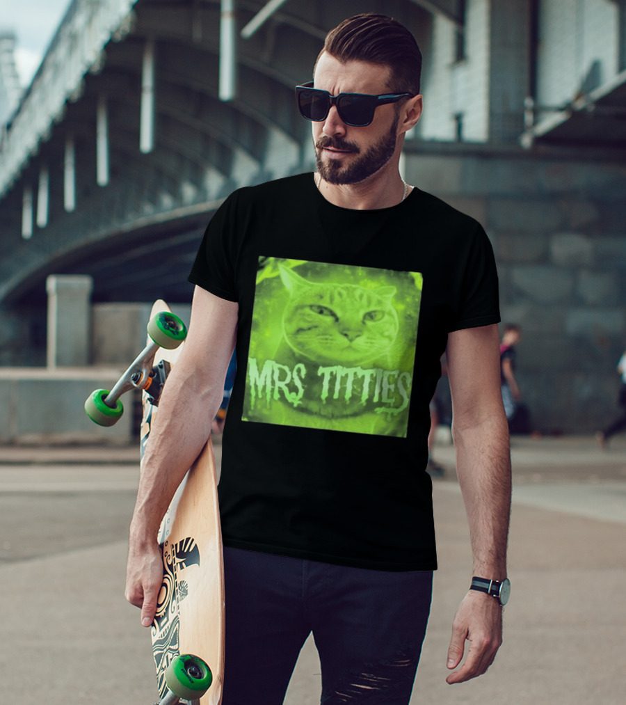 Mrs Titties Cat Glowing Neon Green Feline T-Shirt