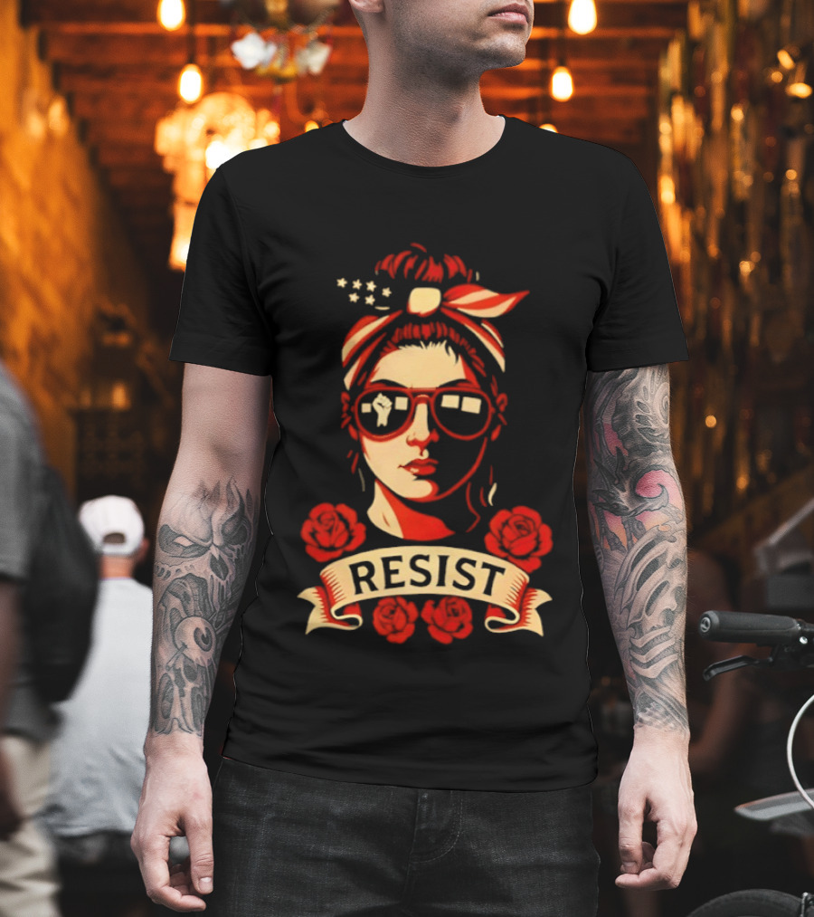 Patriotic Woman Resist American Flag Bandana and Glasses with Roses T-Shirt