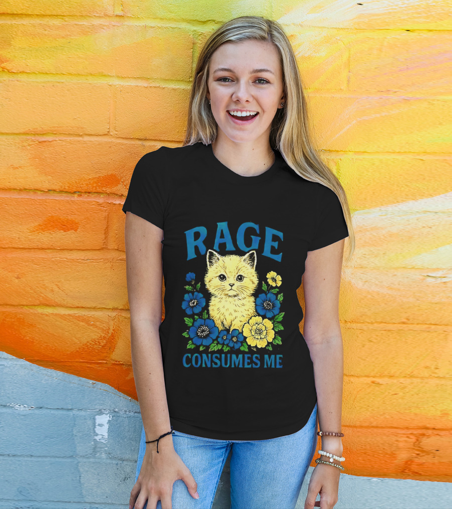 Rage Consumes Me Cat Surrounded By Blue And Yellow Flowers T-Shirt