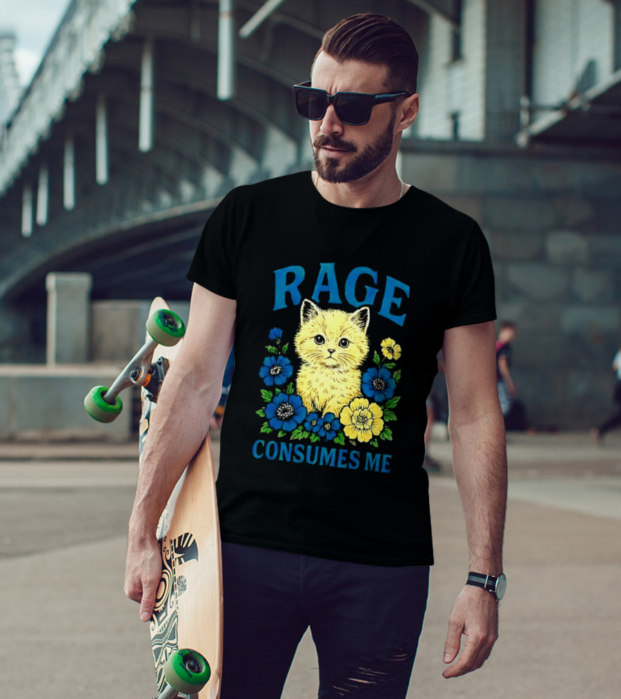 Rage Consumes Me Cat Surrounded By Blue And Yellow Flowers T-Shirt