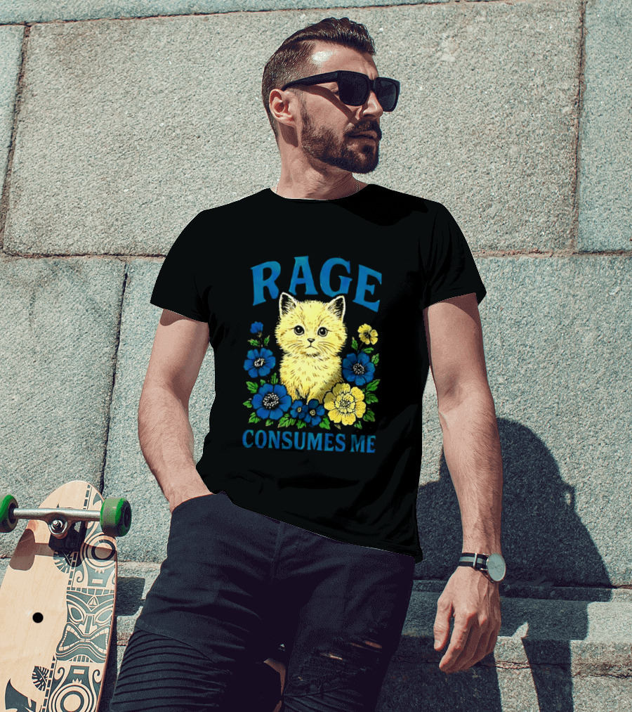 Rage Consumes Me Cat Surrounded By Blue And Yellow Flowers T-Shirt