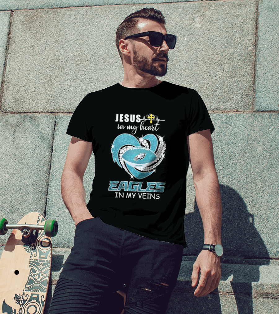 Jesus In My Heart Eagles In My Veins Diamond Heart Shape Football T-Shirt