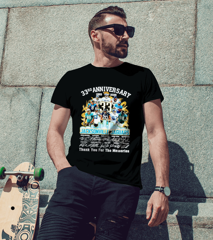 Jacksonville Jaguars 33rd Anniversary Players Collage City Skyline T-Shirt