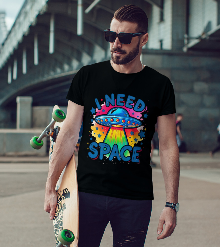 UFO I Need Space Colorful Alien Spaceship Retro Stars T-Shirt