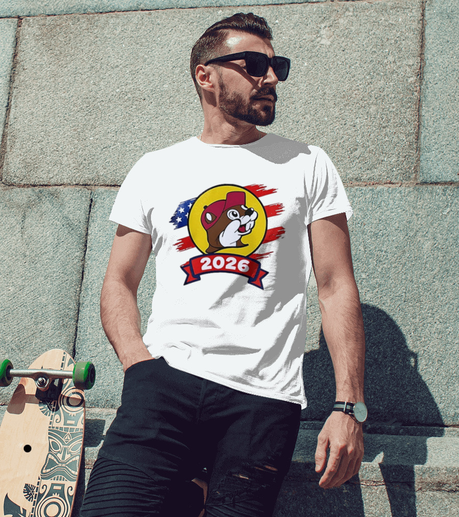 Buc Ee's 2026 Celebration With Iconic Beaver Emblem And American Flag T-Shirt