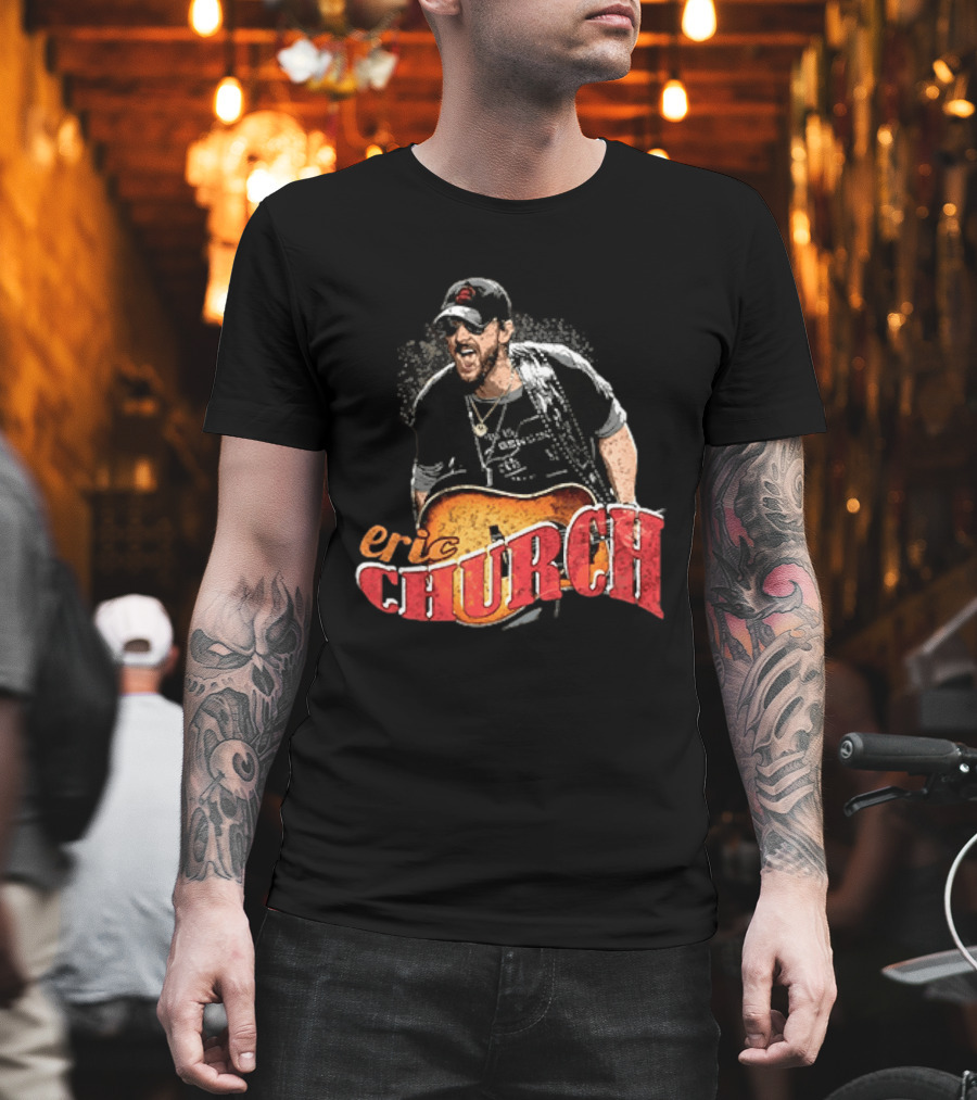 Eric Church Country Rock Music Icon with Guitar and Hat T-Shirt