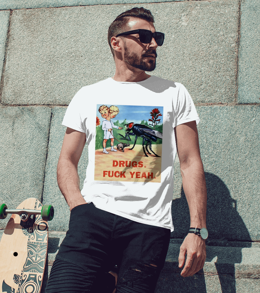DRUGS FUCK YEAH Retro Cartoon Big Fly Tiny Elephant T-Shirt