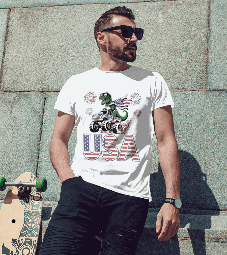 USA Independence Day 4th Of July Rex Monster Truck Fireworks American Flag T-Shirt