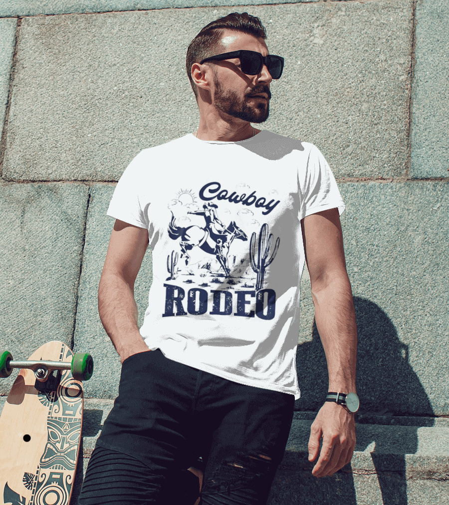 Rodeo Cowboy Horse Riding In Desert Scenery T-Shirt