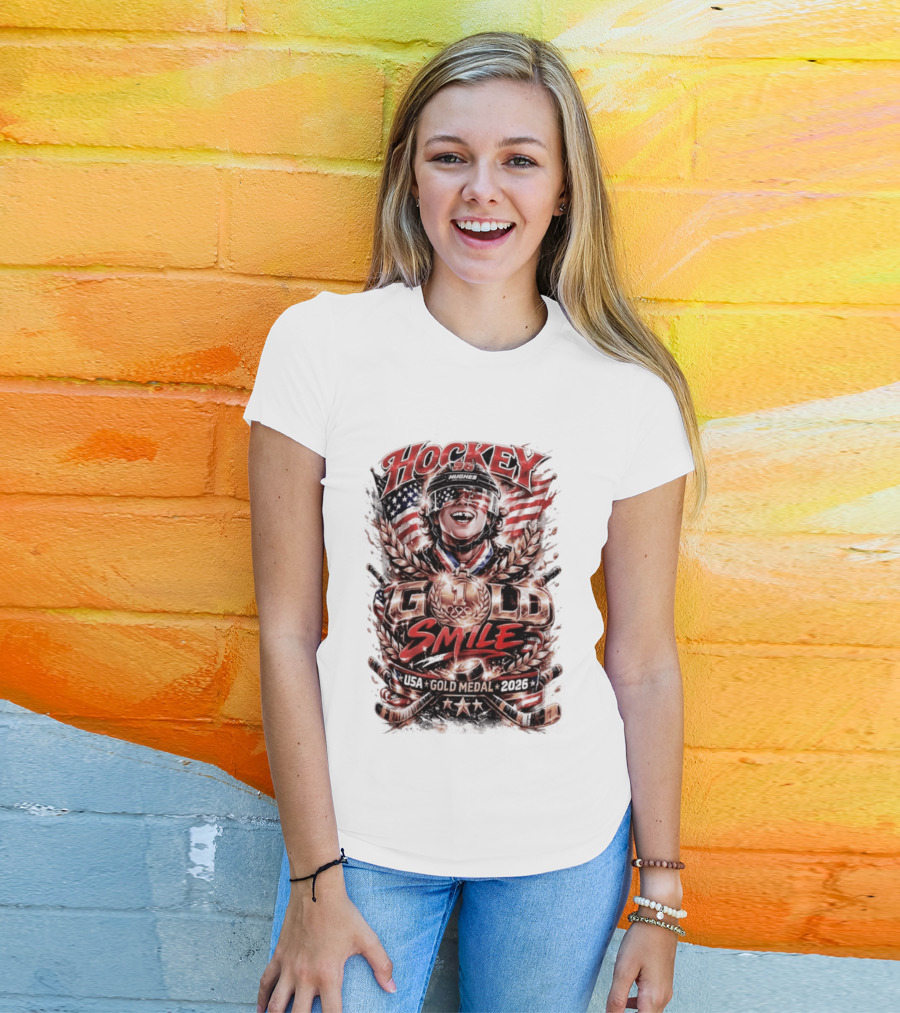 Hockey USA Gold Medal 2026 Gold Smile Hughes Victory T-Shirt