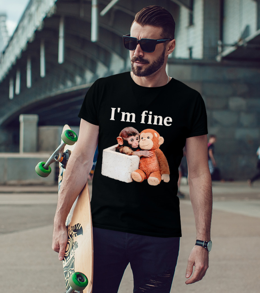 Sad Monkey Hugging Orange Toy With I'm Fine T-Shirt