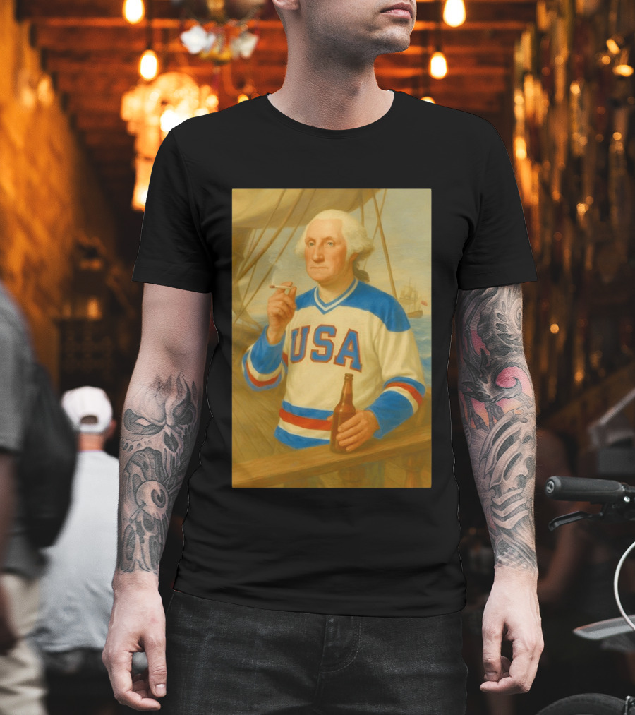 USA Hockey Jersey Wearing George Washington Smoking Holding Beer T-Shirt