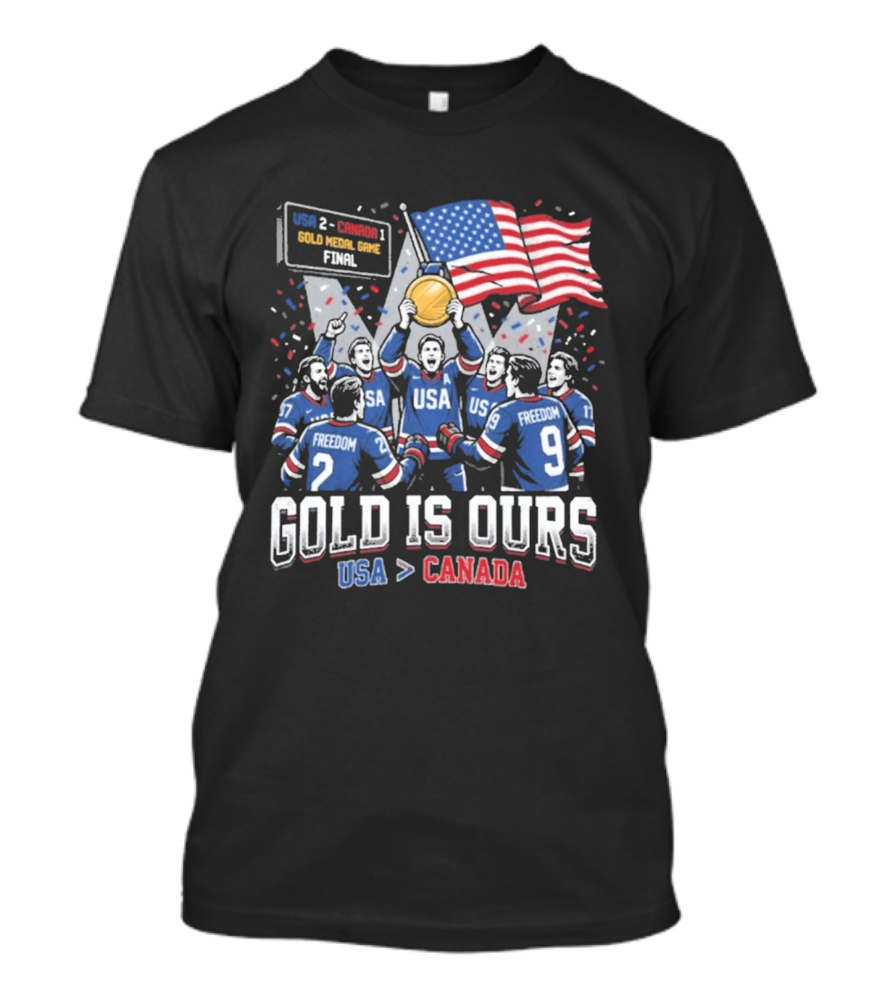 USA Hockey Victory Celebration Gold Medal Game USA Over Canada T-Shirt